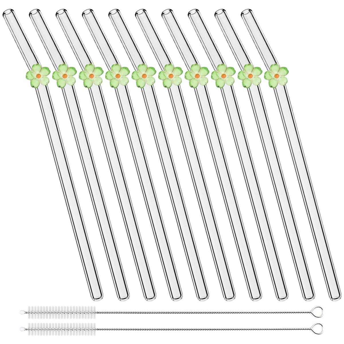 

10pcs Creative Flower Reusable Straw High Borosilicate Glass Straw Milk Tea Juice Cocktail Straw Set with Brush Bar Accessories зелёный