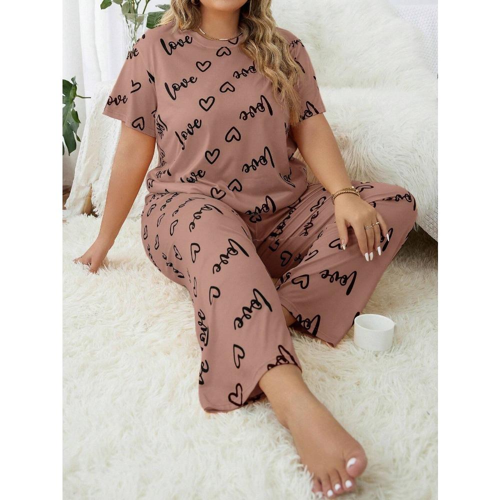 Plus Size 3XL 4XL 5XL Sleepwear Heart Letters Print 2 PCS Pajama Set Women's Casual Short-Sleeve Top and Pants Loungewear
