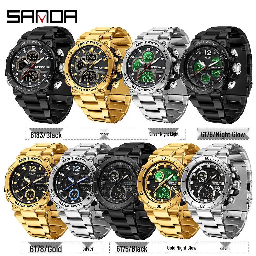 Sanda Luminous Men's Multifunctional Dual Display Steel Band Electronic Watch