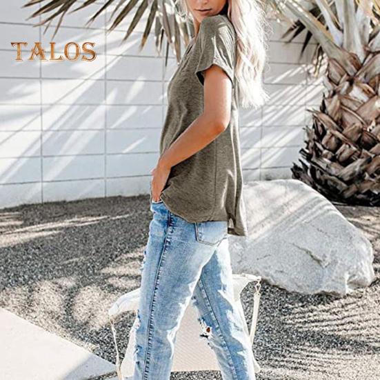 Damen Sommer T-Shirt V-Ausschnitt Kurzarm Knöpfe Ausschnitt T-Shirt Einfarbig Loose Fit Pullover Tops mit Tasche Streetwear
