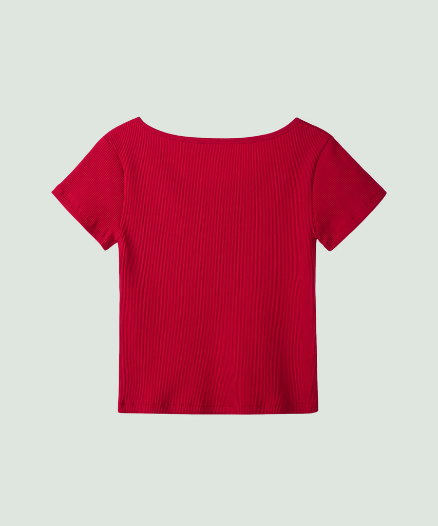 Poeteuseoul U Neck Button T-Shirts_Red
