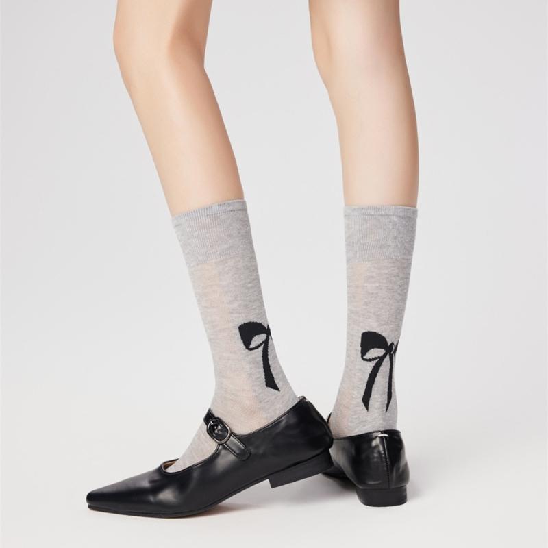 Cute Bowknot Pattern Long Calf Length Socks for Women and Girls Breathable Mesh Ribbed Student Cotton Stockings Hosiery
