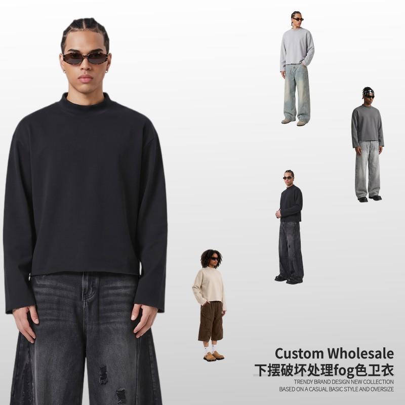 Mens Heavyweight 350g Cotton Blend Crewneck Sweatshirt With Raw Hem Loose Fit Winter Solid Color