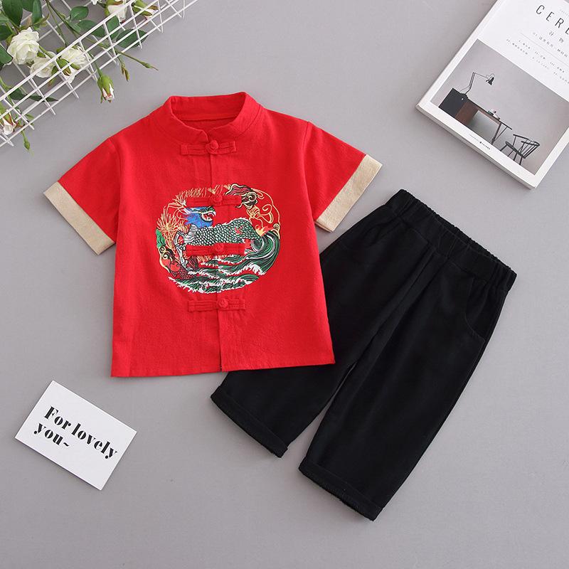 Completo Estivo da Ragazzo a Maniche Corte Stile Cinese per Bambini Hanbok Bello Completo Tang Cotone Lino Sezione Sottile di Abbigliamento Antico