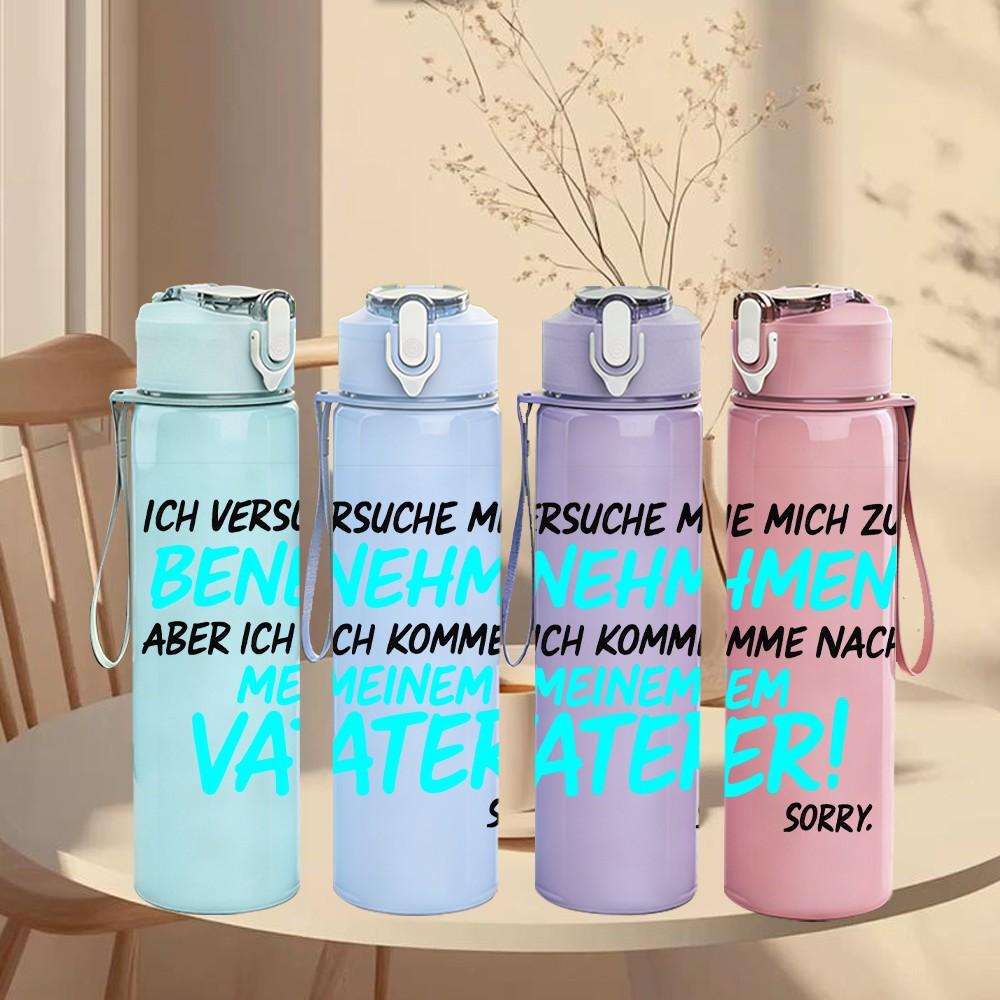 1PC German Language Father Quote Pattern 750ml Color Plastic Sports Water Bottle Leakproof Flip Straw Lid Suitable for Sports Office Home Use