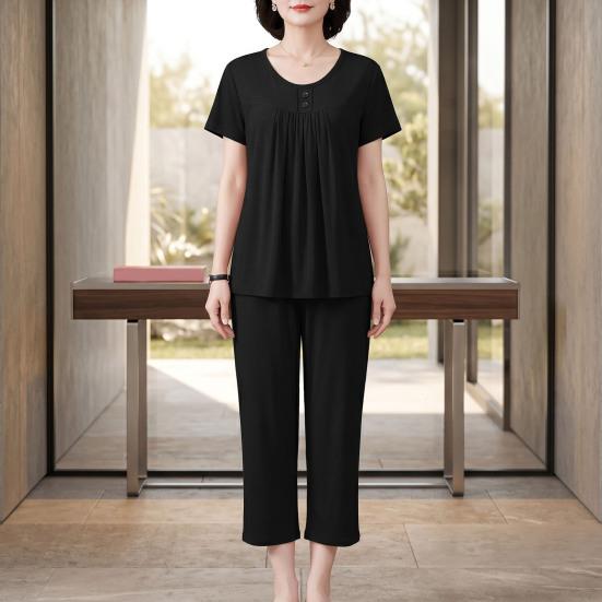 2-teiliges Damen-Pyjama-Set Kurzarm-Oberteil und Cropped-Hose Nachtwäsche-Set Sommerlich Lässig Lounge-Outfits