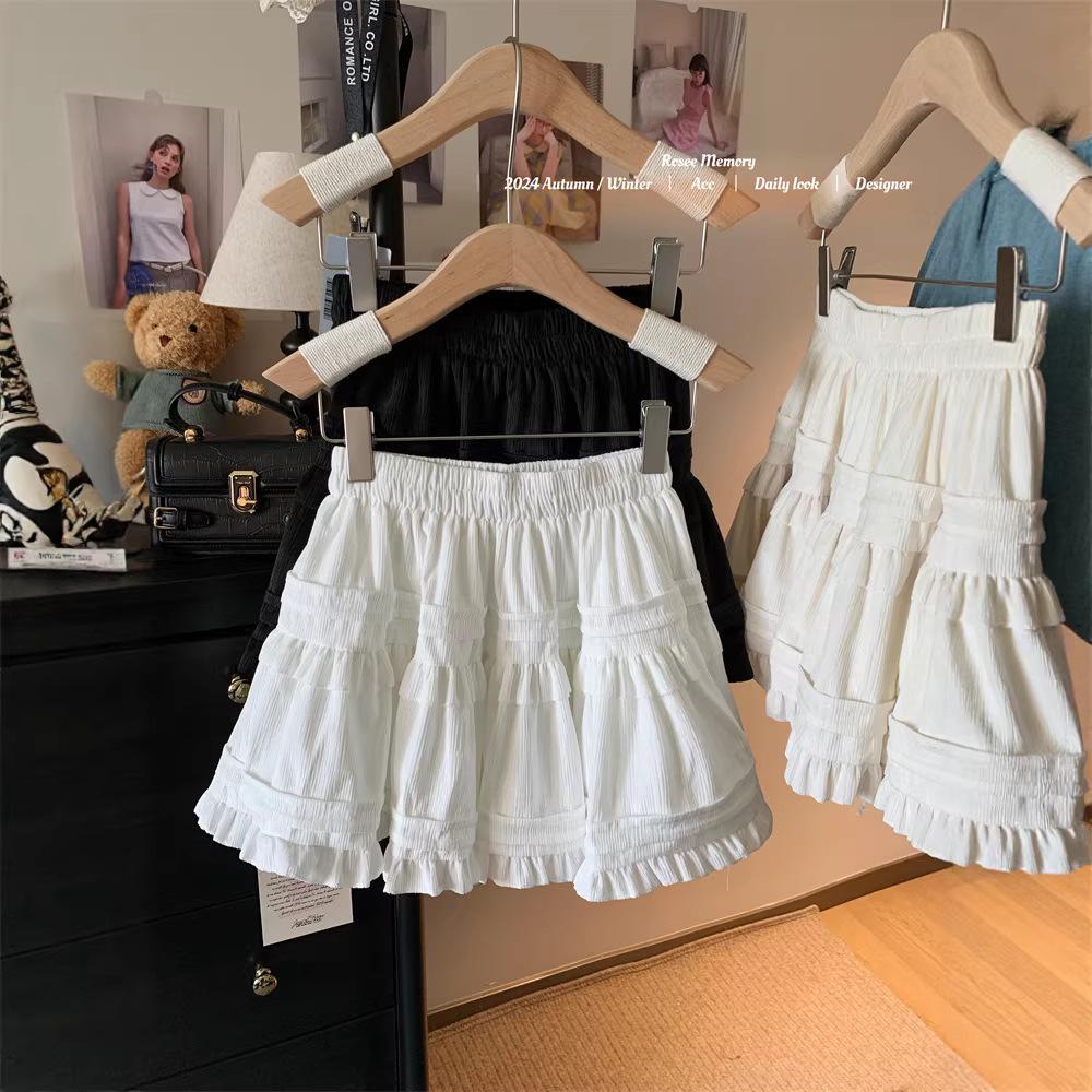 Women's French Ballet Style White A-line Fluffy Half Skirt with Elastic Waist for Autumn/Winter