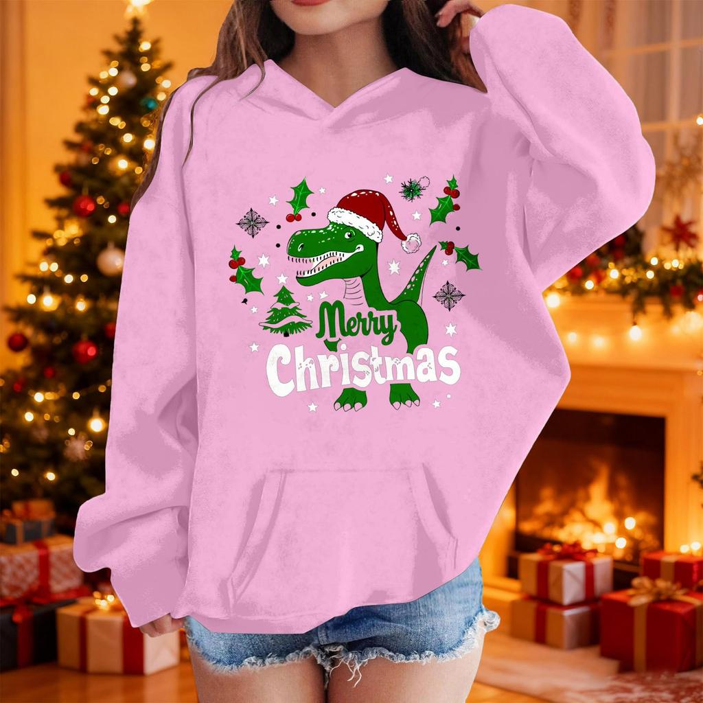 Girls Long Sleeve Christmas Print Hooded Sweatshirt Casual Comfortable Top for Holiday