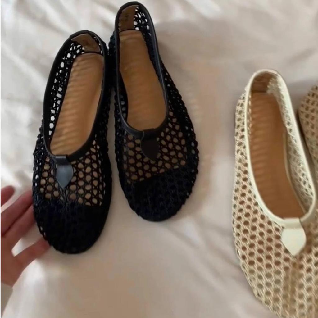 Round head woven hollow flat bottom shallow mouth single shoes Mary Jane women's shoes 2025 Korean version spring and summer new comfortable sandals