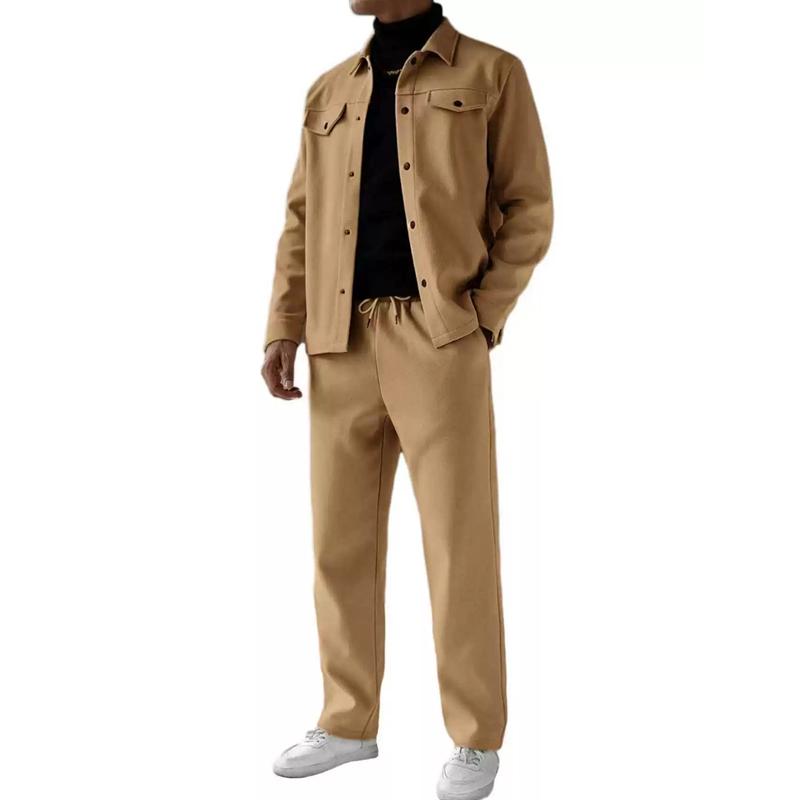Men 2 Piece Matching Outfit Lapel Collar Button Down Shacket Jacket & Straight Leg Drawstring Pants Solid Color Casual Streetwear Tracksuit Set S