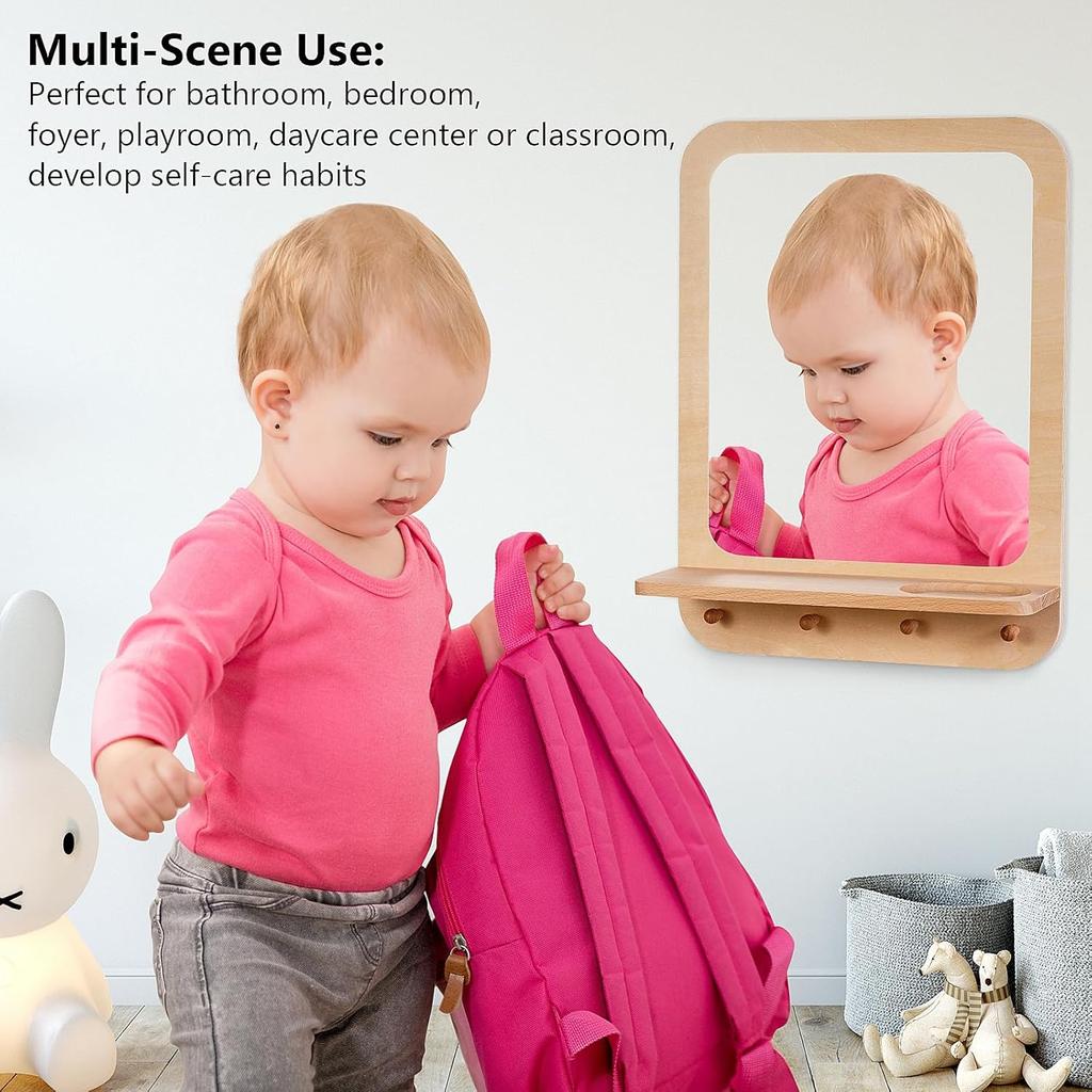 Wooden and Acrylic Wall Mirror for Kids with Hooks and Shelf, Baby Safety Shatterproof Entryway Acrylic Wall Mirror, Unbreakable Wood Frame Toddler