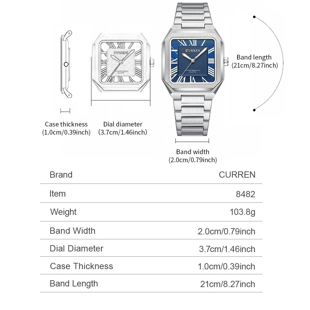 CURREN 8482 Men's Square Watch Quartz Stainless Steel Band with Roman Numerals Luminous Hands Casual Business Wrist watch