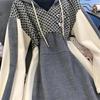Women's Vintage Embroidery Plaid Patchwork Y2K Hooded Dress High Waist Long Sleeve  Sexy Mini Dresses