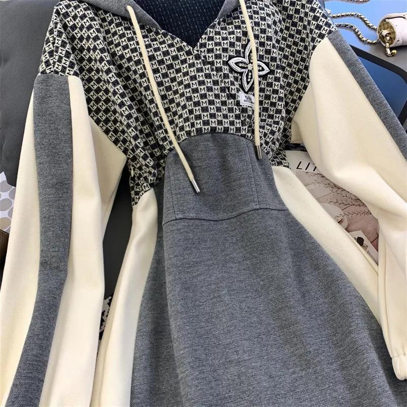 Women's Vintage Embroidery Plaid Patchwork Y2K Hooded Dress High Waist Long Sleeve Sexy Mini Dresses