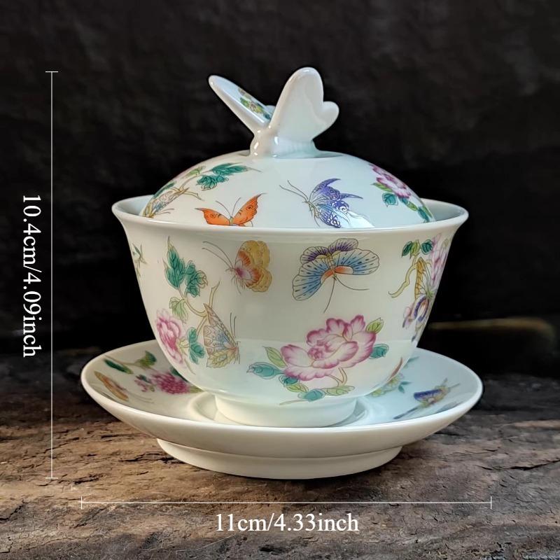 160ml Enamel Covered Bowl Ceramic Butterfly Love Flower Three Talent Bowl Tea Cup Cute Tea Set Tea Set Accessories