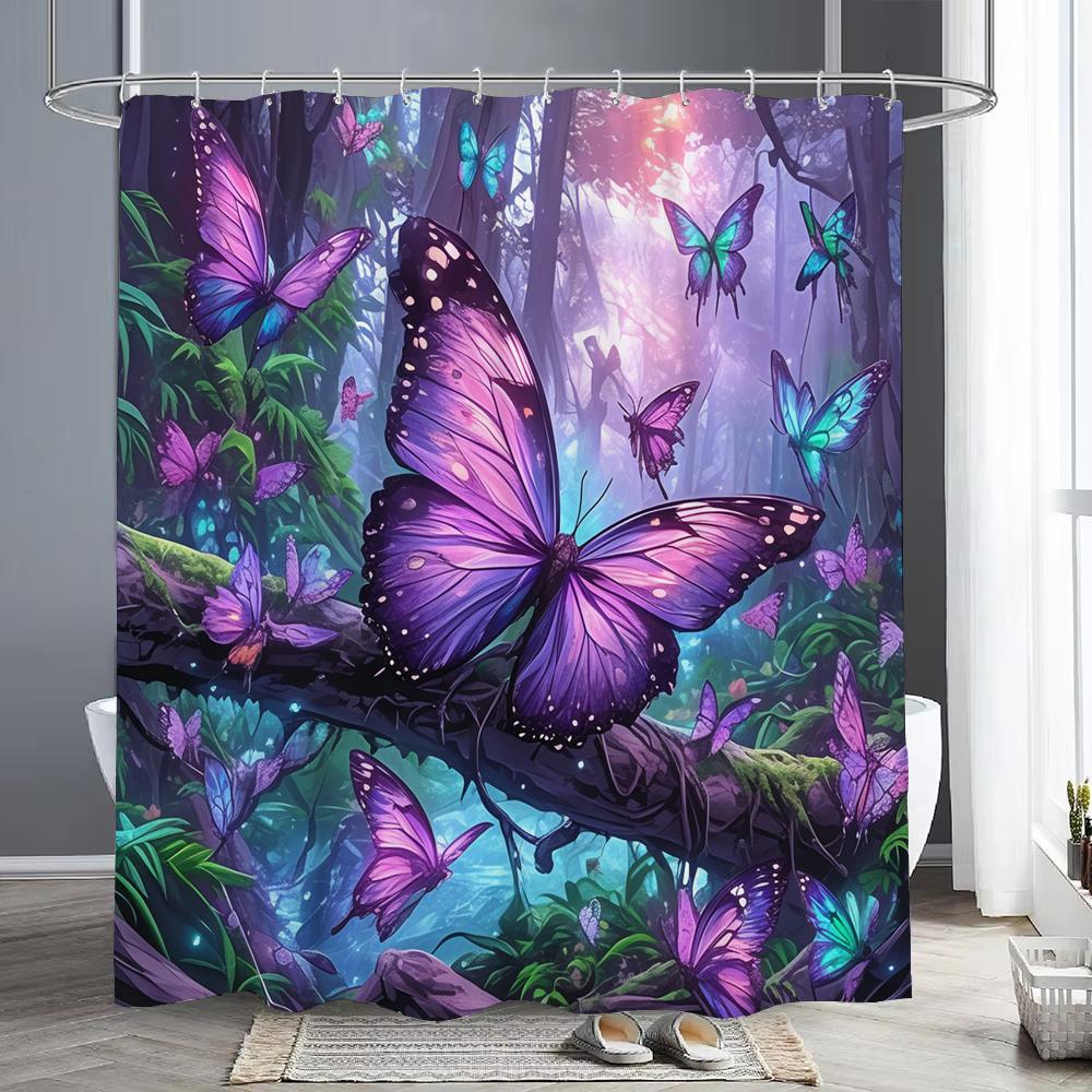 Fairy Tale Forest Beautiful Purple Butterfly Shower Curtain Bathroom Decor Shower Curtain Waterproof Shower Curtain With Hook