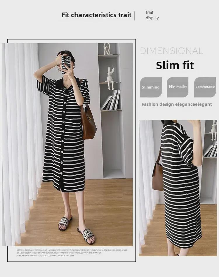 2023 Summer Korean Striped Knitted Short Sleeve Maternity Dress