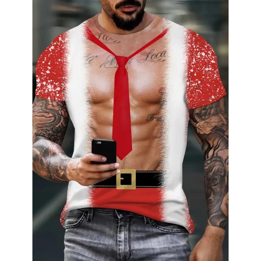 Funny Men's T-Shirts Santa Claus Christmas Oversized Short Sleeve with Snowflakes Print Red Casual O-Neck Outfit Men Clothing
