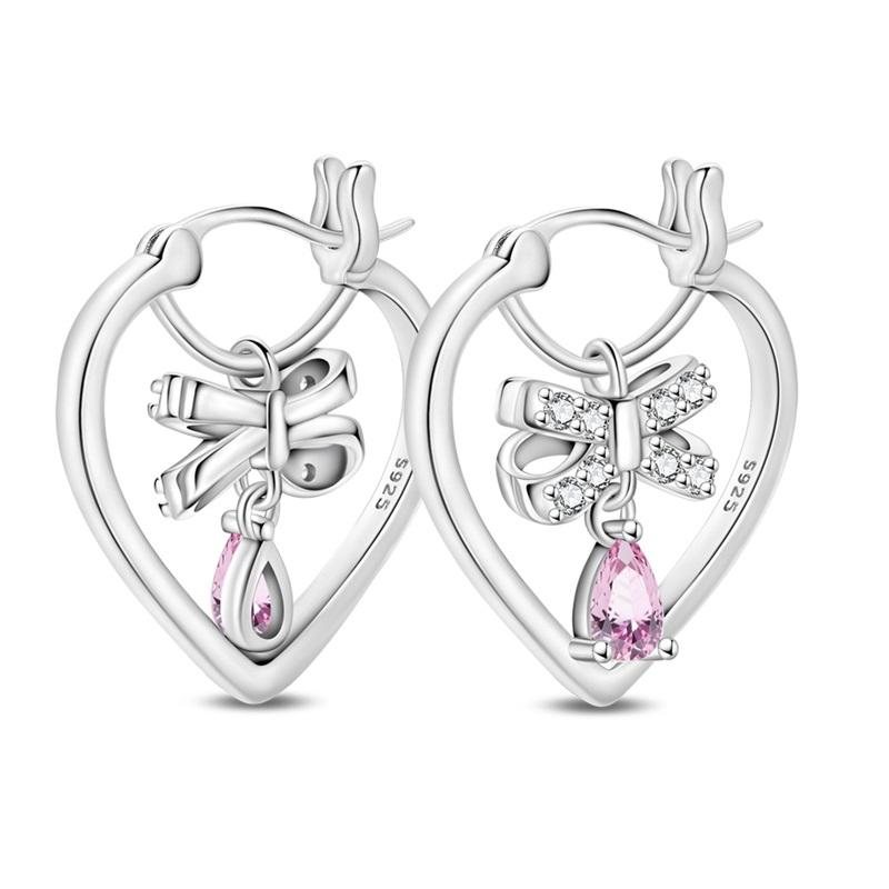 New 925 Silver Pink Heart Shape Women Earrings Brilliant Wedding Engagement Star Earrings Jewelry Gift
