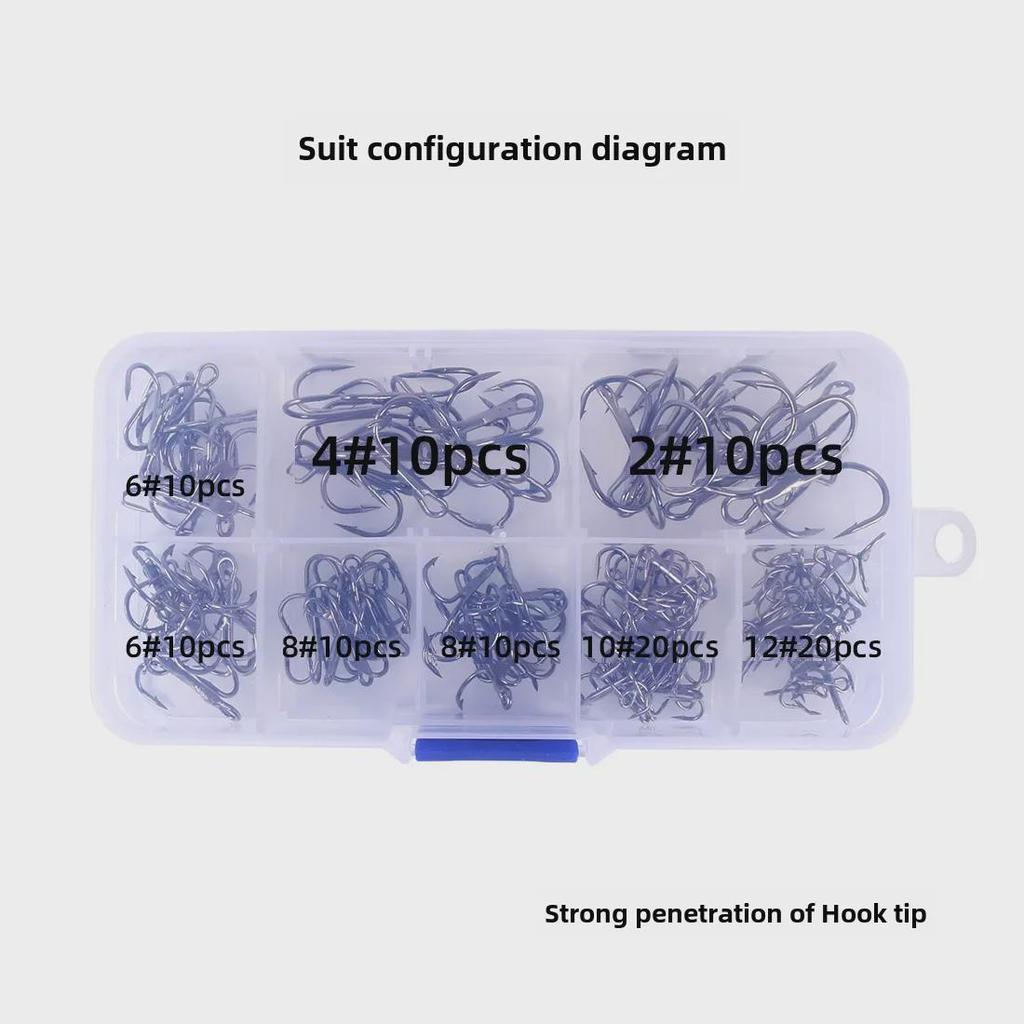 100 Angelhaken mit Widerhaken aus Kohlenstoffstahl: Dreiarmige Anker in einer Box