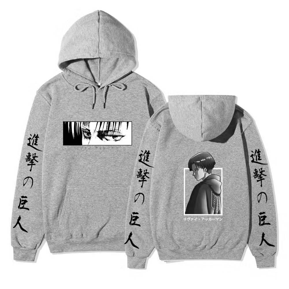 Attack On Titan Levi Ackerman Hoodie Unisex Fleece Sweatshirt Front Manga Eyes Print, Back Levi Portrait, Japanese Sleeve Text Autumn Winter Pullover