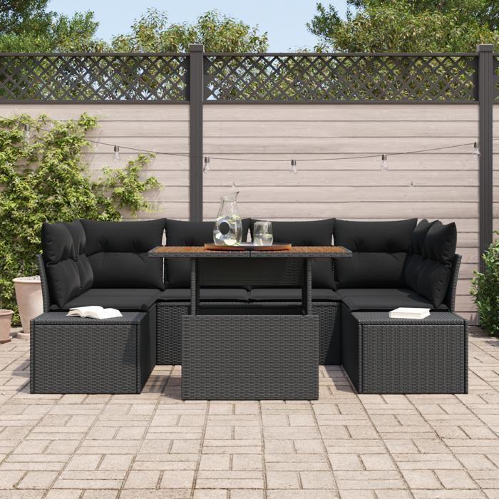 VidaXL Ensemble de salle à manger de jardin 7 pièces avec coussins en poly rattan noir et acacia 3349918