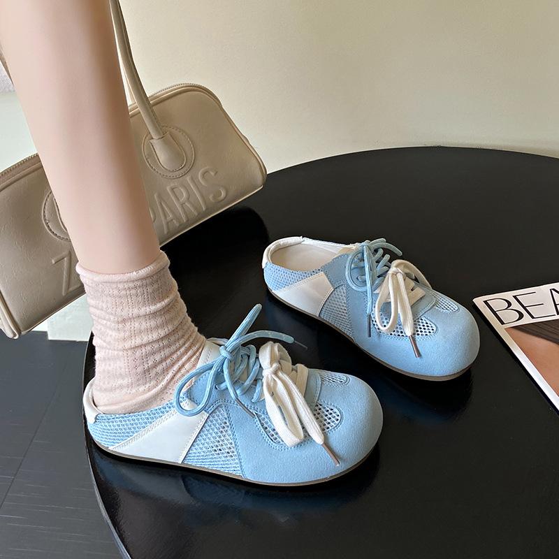2025 Spring and Summer New Soft-soled Half-slippers Women's Mesh Breathable Bag Head Slippers Mandarin Duck Shoelaces Heel-free German Training Shoes
