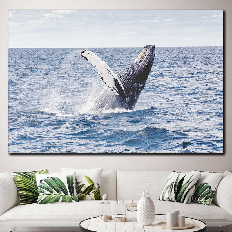 Natural Blue Whale Fish Tail Canvas Painting Wall Art Seascape Animal Killer Whale Posters and Prints for Living Room Home Decor