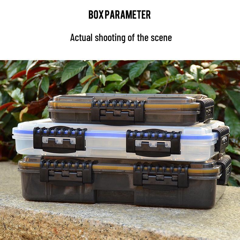 Wasserdichte Köderaufbewahrungsbox mit herausnehmbaren Trennwänden und großem Fassungsvermögen, gesichert mit Kombinationsschnallen für Angelzubehör.