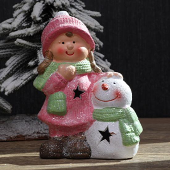 Lighted Ceramic Christmas Figurine Cute Light Up Boy Girl Tree Snowman Statue for Holiday Winter Indoor Mantel Tabletop Fireplace Decor