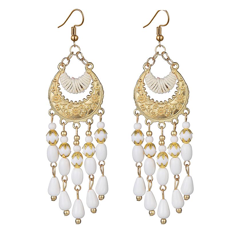 Vintage National Fashion Earrings for Women Elegant Bohemian Crescent Water Drop Tassel Long Earrings Carved Rope Boho Earrings