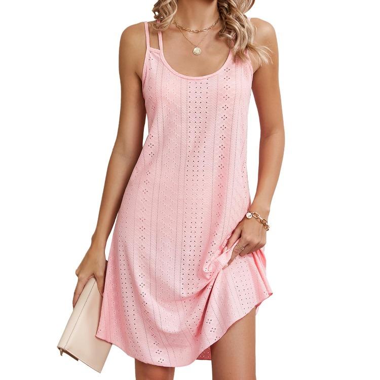 Women Summer Casual Sleeveless U Neck Eyelet Print Solid Short Beach Vacation Fashion Lightweight Breathable Comfortable Dress