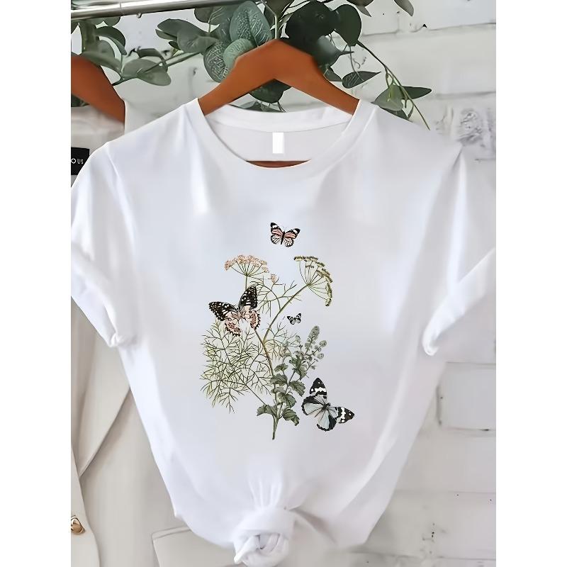 

European Size Women S Casual Crew Neck T-Shirt with Butterfly & Floral Print - Soft White, Short Sleeve, Spring/Summer Top, Casual Wear 4XL білий