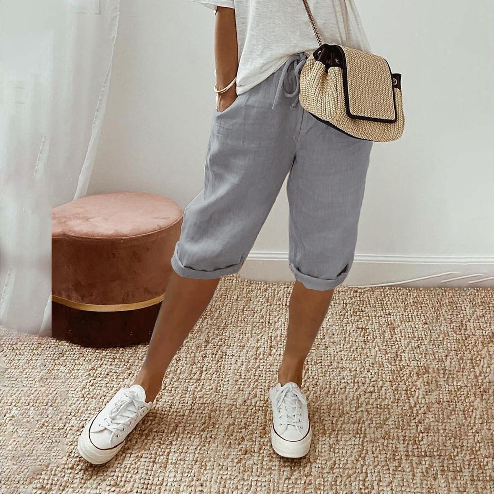 

Женские льняные шорты, повседневные шорты с высокой талией, шорты на шнурке с карманами XL