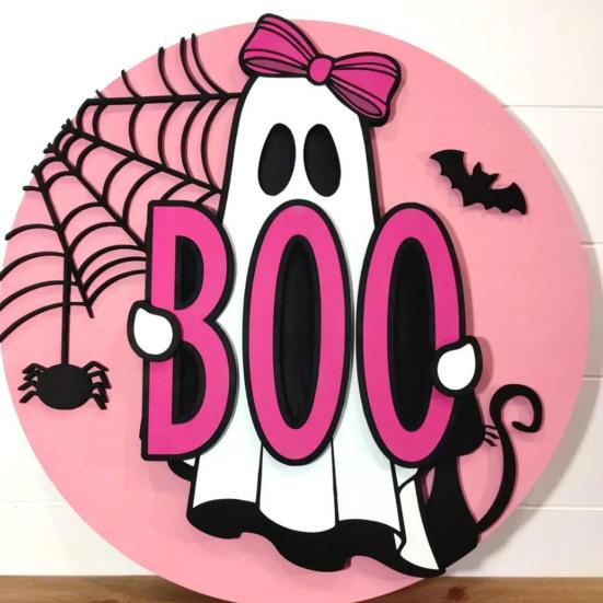 Wooden Pendant Sign Wooden Pink Ghost BOO Door Decor Fall