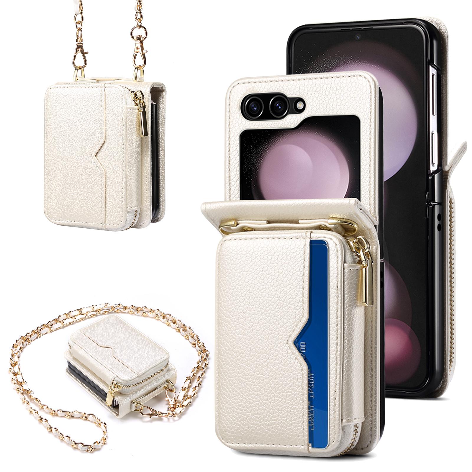 

For Samsung Galaxy Z Flip7 FE 5G/Z Flip6 5G Case Zipper Card Holder PU Leather Back Cover with Chain Strap White