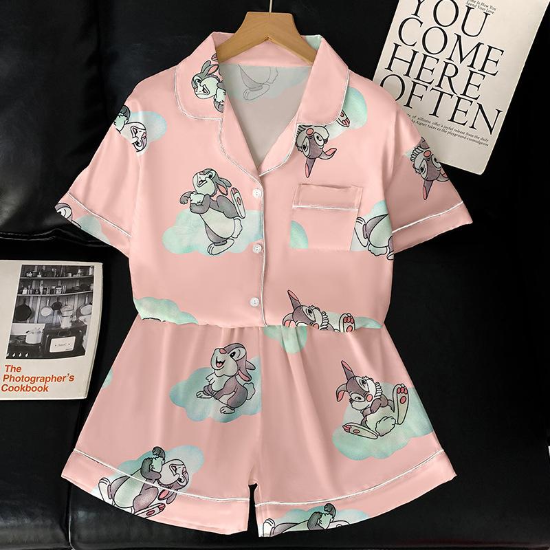 Cartoon Cartoon Little Pink Rabbit Summer Short-Sleeved Ice Silk Satin Pajamas Women'S Sweet Wind Loungewear Set