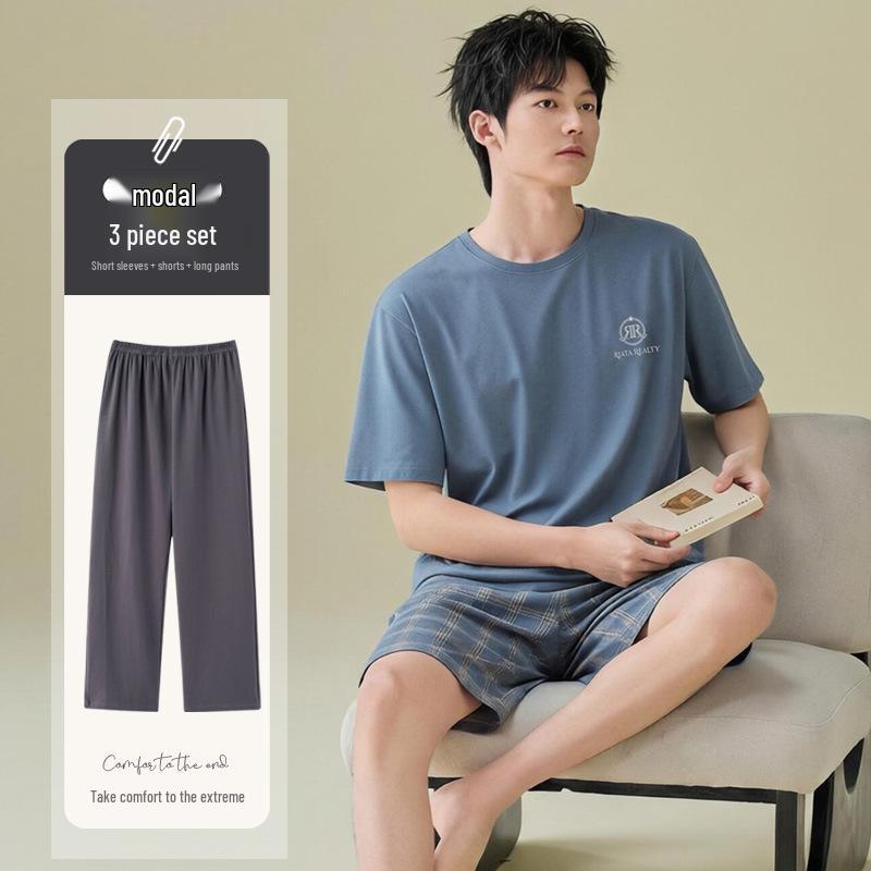 Men's Summer Modal Pajama Set: Cool-Touch, Short Sleeve Top & Long Pants, Casual Outdoor Loungewear.