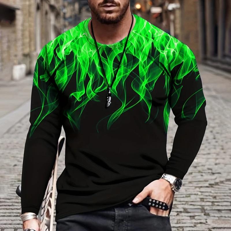 Fall 3D Flame Printing Men's Round Neck Long Sleeve Pullover Fashion Loose T Shirt Retro Street Long Sleeve Round Neck T Shirt