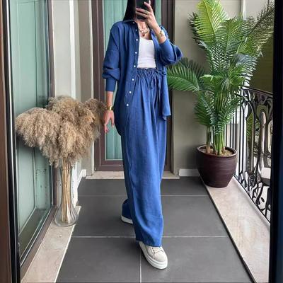 Cross Border Set Women's Cardigan Solid Color Pocket Long Sleeve Shirt Loose Elastic Waist Pants Women's Two Piece S