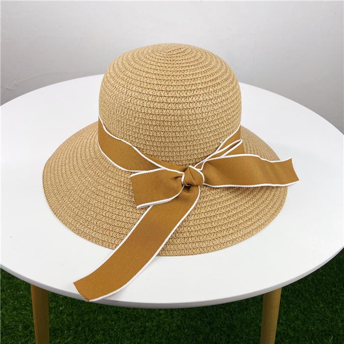 Hat women's spring summer versatile travel ribbon bow streamer big eaves hat sun protection big edge straw hat