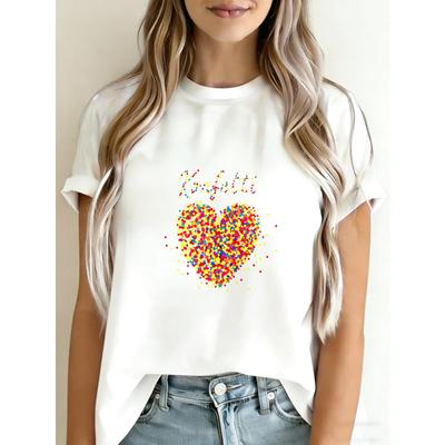 White T-Shirt With Confetti Heart Print And Text For Casual Wear