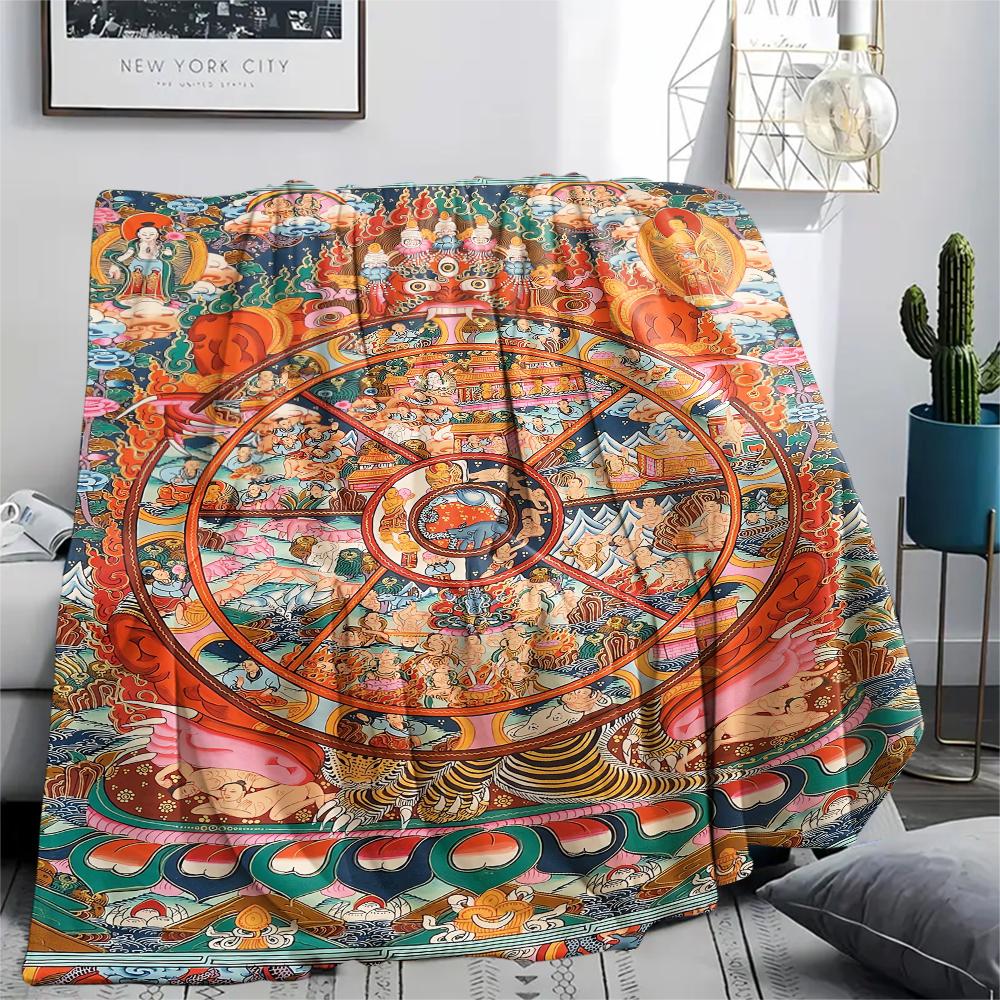 1Pc Buddhism Wheel Print Flannel Blanket, High quality Comfortable for All Seasons, Home Decor, Warmth and Comfort, Perfect for Christmas Gifts