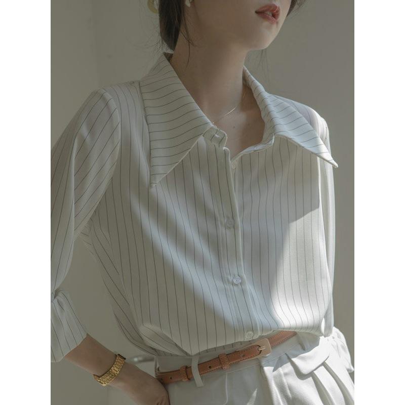 1116 New French Chic Striped Long Sleeve Shirt Women's Design Niche Commuter Professional Shirt Top