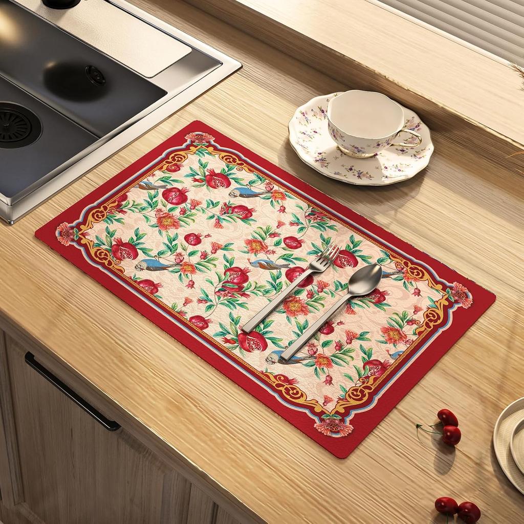 National Style Dish Drying Mat Absorbent Floral Coffee Rubber Backed Soft Silicone Bird Kitchen Draining for Bathroom Bar