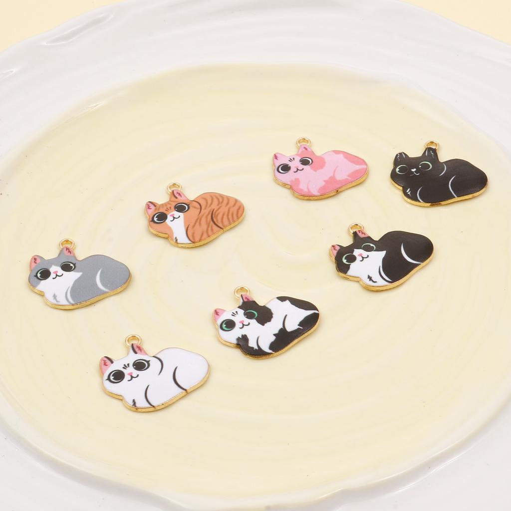 10 PCs Cartoon Enamel Cat Animal Charms Cute Gold Color Metal Pendants for DIY Necklace Bracelets Jewelry Making 23mm x 22mm
