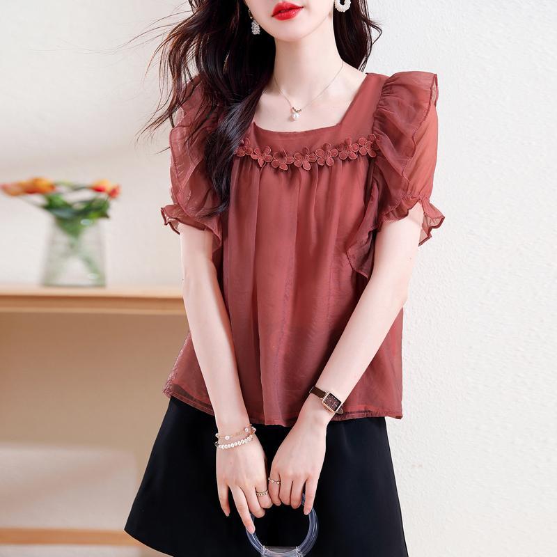 Women's Square Neck Ruffle Short Sleeve Blouse with Floral Trim Sheer Loose Fit Casual Top