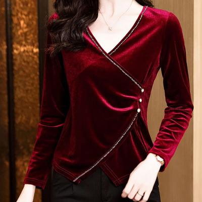 Tops para Mulheres Pulôver Manga Comprida Decote em V Outono Inverno Quente Slim Top Espesso