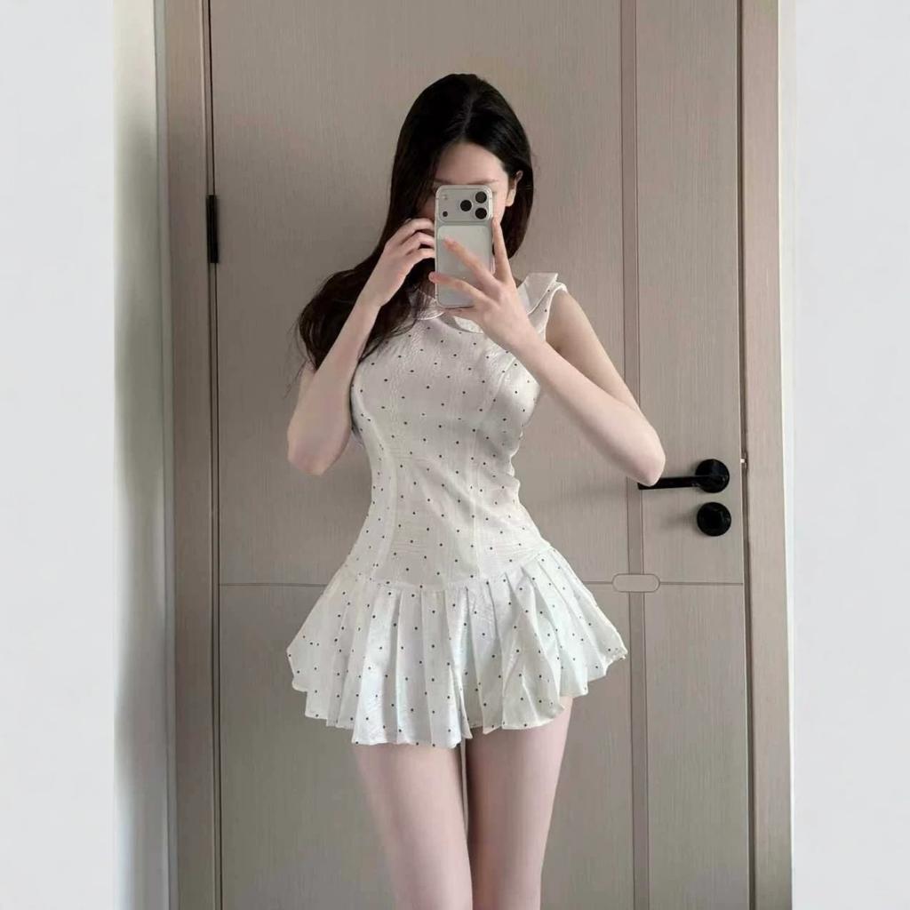 French white doll collar polka dot suspender dress women's summer new small sweet short dress