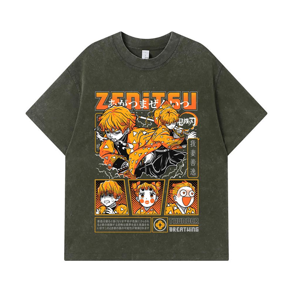 

275 GSM Washed T-shirts 100% Cotton Demon Slayer V68 Zenitsu Print Unisex Heavy Cotton T Shirt S армия зеленый